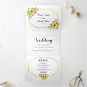 Gele waterverf zonnebloemen, typografie bruiloft drieluik uitnodiging (Binnen)