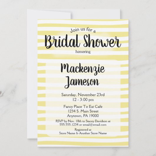 Gele White Stripes Bridal Shower Invitation Kaart (Voorkant)