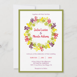 Gele Wijn Veren Druiven Bloemen Bladgroen Bruiloft Kaart