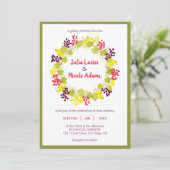 Gele Wijn Veren Druiven Bloemen Bladgroen Bruiloft Kaart (Staand voorkant)