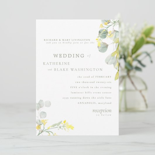 Gele Wildbloem & Salie Eucalyptus Bruiloft Kaart (Staand voorkant)