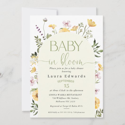 Gele Wildbloemen Baby in Bloom Baby shower Kaart (Voorkant)