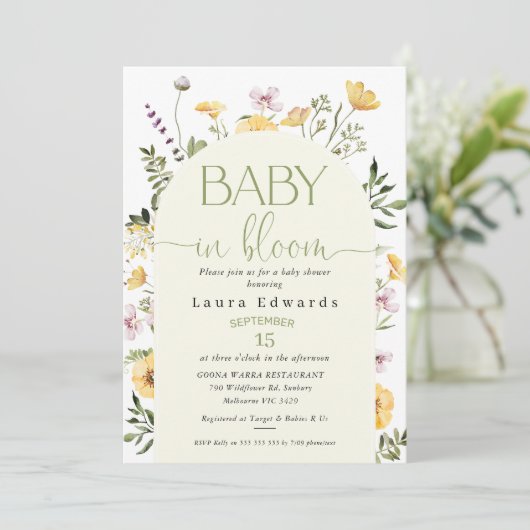 Gele Wildbloemen Baby in Bloom Baby shower Kaart (Staand voorkant)
