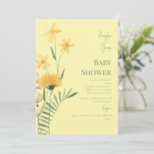 Gele Wildbloemen Baby Meisje Douche Uitnodiging (Staand voorkant)