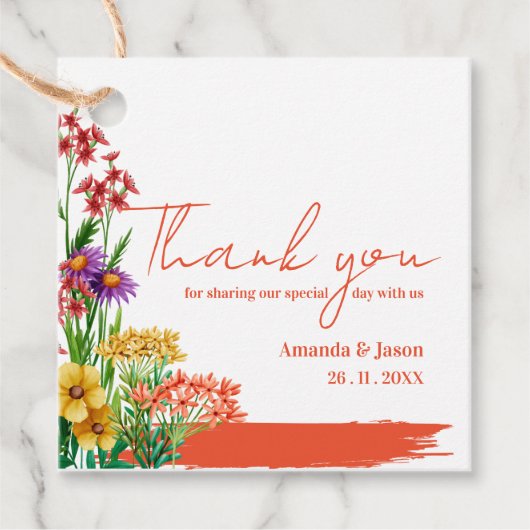 Gele Wildbloemen Sinaasappel Bloemen Bruiloft Bedankjes Labels (Voorkant)