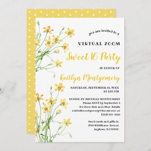 Gele Wildbloemen Virtual Sweet 16 Verjaardagsfeest Kaart (Voorkant / Achterkant)