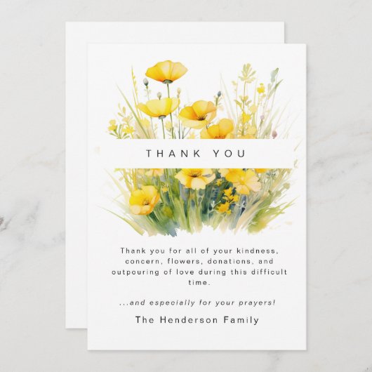 Gele Wildbloemsbegrafenis Dank u Bedankkaart (Voorkant / Achterkant)