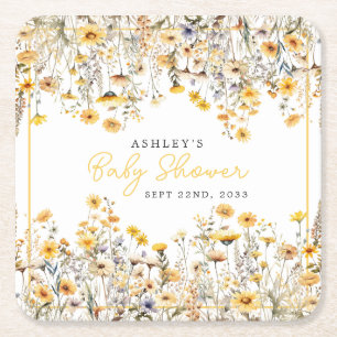 Gele Wilde Bloem Boho Waterverf Baby Shower Kartonnen Onderzetters
