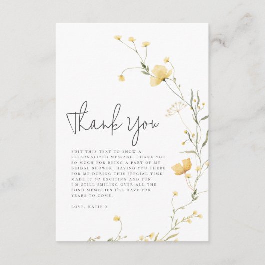 Gele Wilde Bloem Elegante Boho Bruidsdouche Bedankkaart (Voorkant)