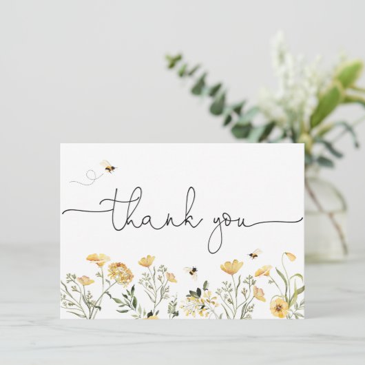 Gele wilde bloem en bijen bedankkaart (Staand voorkant)