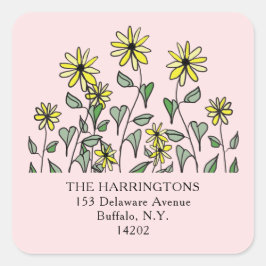 Gele Wilde Bloem Kunst Roze Bloem Retouradres Vierkante Sticker