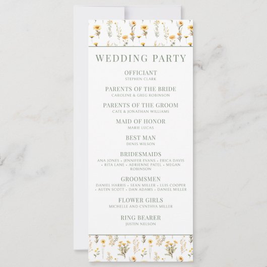 Gele wilde bloem rustieke bruiloft programmakaart (Achterkant)
