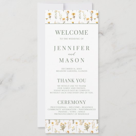 Gele wilde bloem rustieke bruiloft programmakaart (Voorkant)