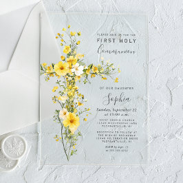 Gele wilde bloemen bloemenkruis Eerste Communie Acryl Uitnodigingen