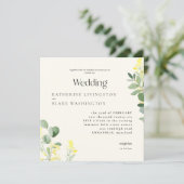 Gele wilde bloemen Eucalyptus Square bruiloft Kaart (Staand voorkant)
