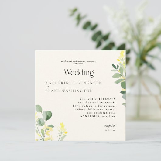 Gele wilde bloemen Eucalyptus Square bruiloft Kaart (Staand voorkant)