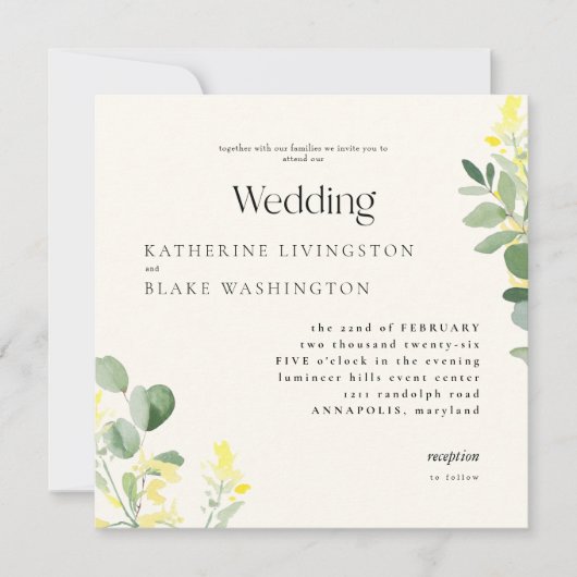 Gele wilde bloemen Eucalyptus Square bruiloft Kaart (Voorkant)