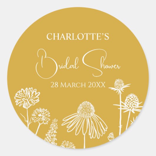 Gele wilde bloemen geschetst bloemmotief  ronde sticker (Voorkant)