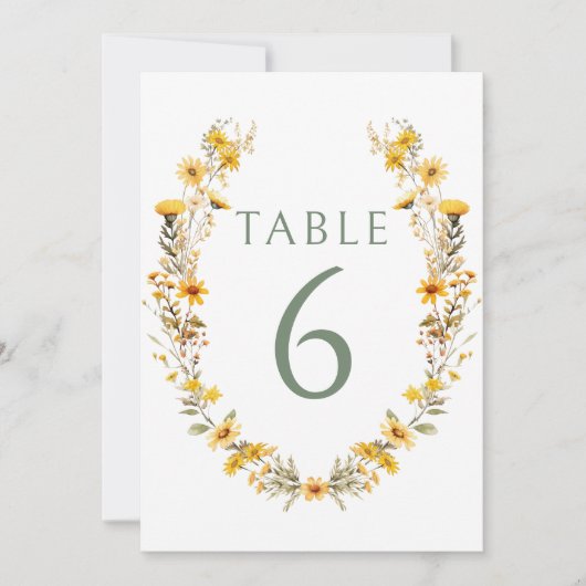 Gele wilde bloemen krans bruiloft tabel nummers kaart (Voorkant)