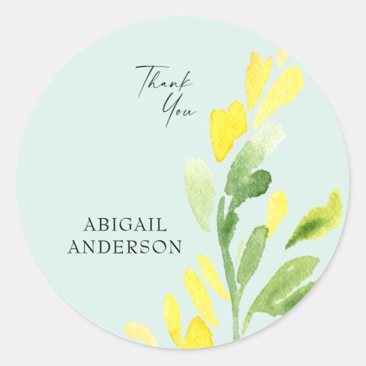 Gele wilde bloemen Mint Custom Name Bedankt Ronde Sticker (Voorkant)