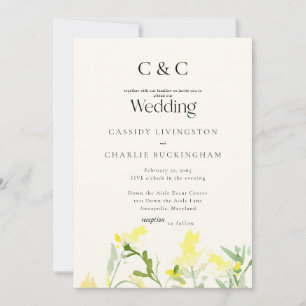 Gele Wilde Bloemen Monogram Crème Trouwen Kaart