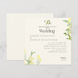 Gele Wilde Bloemen Monogram Vierkant Trouw III Kaart