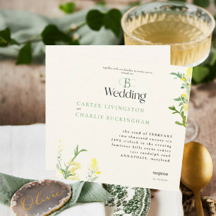 Gele Wilde Bloemen Monogram Vierkant Trouwfeest Kaart