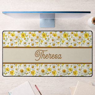 Gele Wilde Bloemen Patroon Monogram Naam Bureaumat