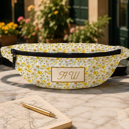 Gele Wilde Bloemen Patroon Monogram Naam Heuptasje