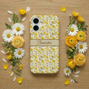 Gele Wilde Bloemen Patroon Monogram Naam iPhone 16 Hoesje