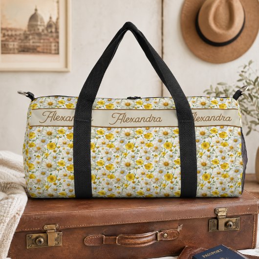 Gele Wilde Bloemen Patroon Monogram Naam Plunjezak