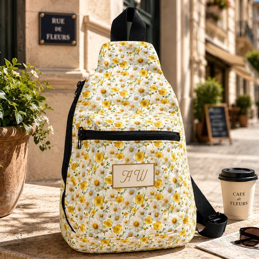 Gele Wilde Bloemen Patroon Monogram Naam Sling Bag