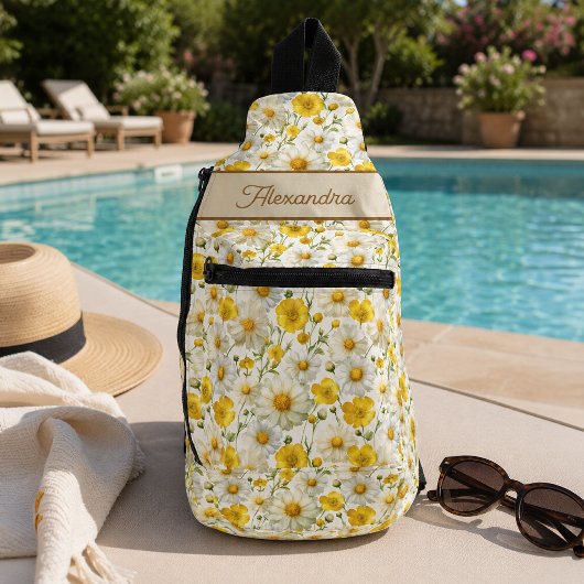 Gele Wilde Bloemen Patroon Monogram Naam Sling Bag