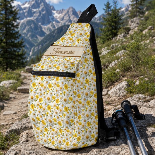 Gele Wilde Bloemen Patroon Monogram Naam Sling Bag