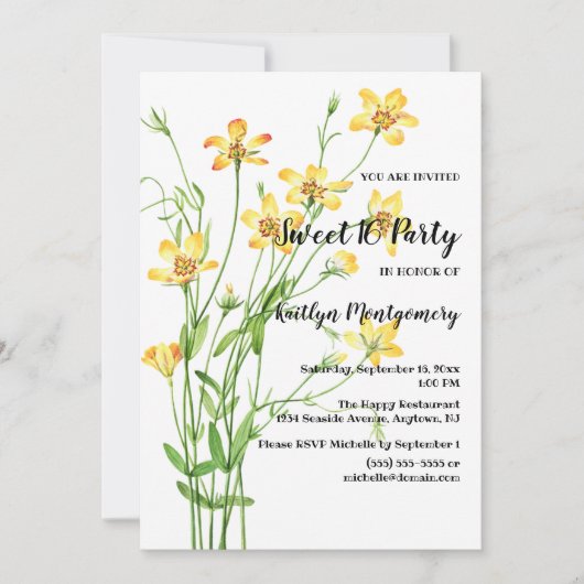 Gele wilde bloemen Zoet 16 Birthday Party Kaart (Voorkant)
