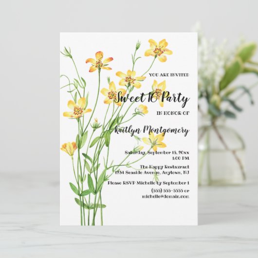 Gele wilde bloemen Zoet 16 Birthday Party Kaart (Staand voorkant)