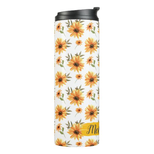 Gele Wilde Zonnebloem Groen Naam Gepersonaliseerd Thermosbeker (Gedraaid links)