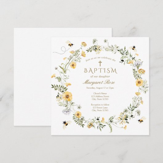 Gele Wildflower Baptisme Uitnodiging (Voorkant / Achterkant)