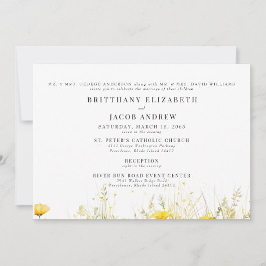 Gele Wildflower Beide Ouders 2 Locatie Bruiloft Kaart (Voorkant)