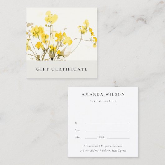 Gele Wildflower Boho Bloemen Cadeaubon Vierkante Visitekaartje (Voorkant / Achterkant)