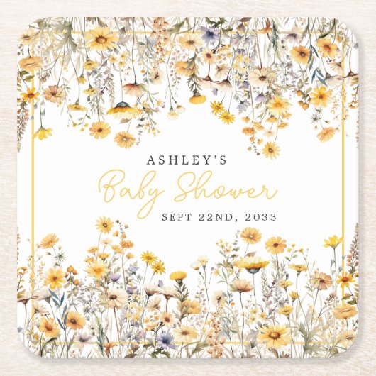 Gele Wildflower Boho Waterverf Baby shower Kartonnen Onderzetters (Voorkant)