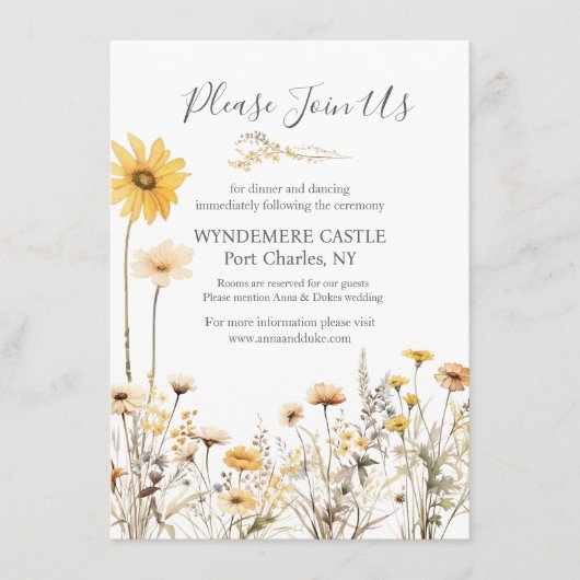 Gele Wildflower bruiloft Informatiekaartje (Voorkant)