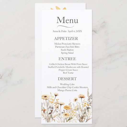 Gele Wildflower bruiloft Menu (Voorkant / Achterkant)