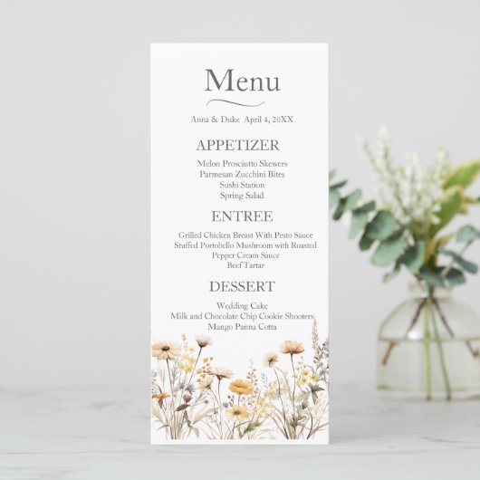 Gele Wildflower bruiloft Menu (Staand voorkant)