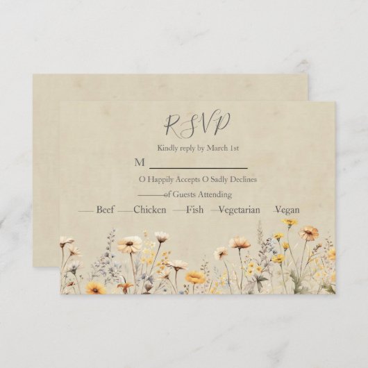 Gele Wildflower bruiloft RSVP Kaartje (Voorkant / Achterkant)
