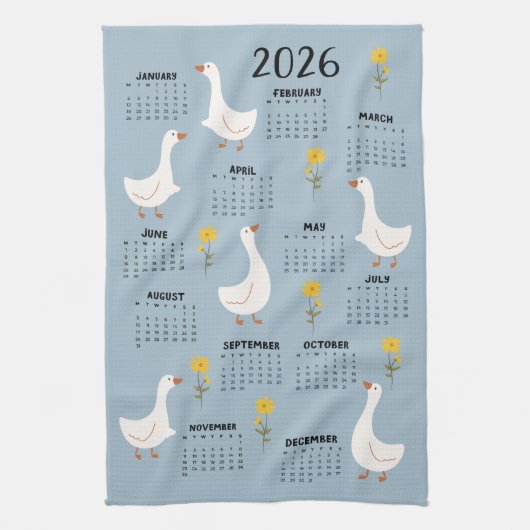 Gele Wildflower en Gans 2026 Kalender - Blauw Theedoek (Verticaal)