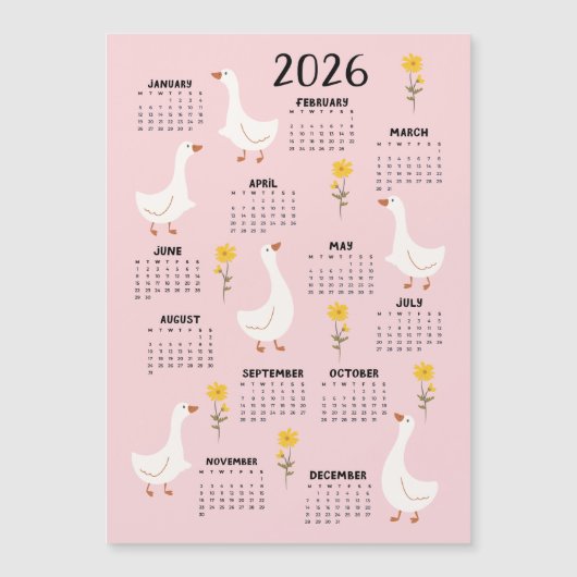 Gele Wildflower en Gans 2026 Kalender - Roze (Voorkant)
