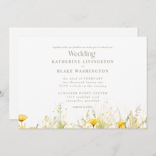 Gele Wildflower Kleurrijke Gouden Tekst Bruiloft Kaart (Voorkant / Achterkant)