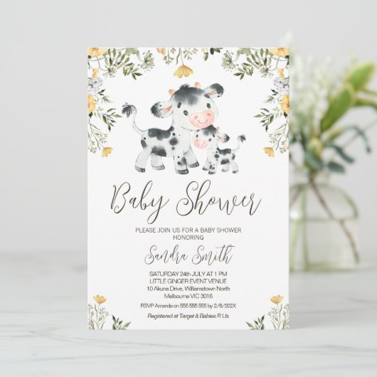 Gele Wildflower Koe Kalf Baby shower Kaart (Staand voorkant)