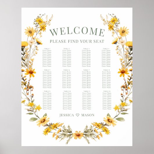 Gele wildflower krans bruiloft zitgrafiek poster (Voorkant)